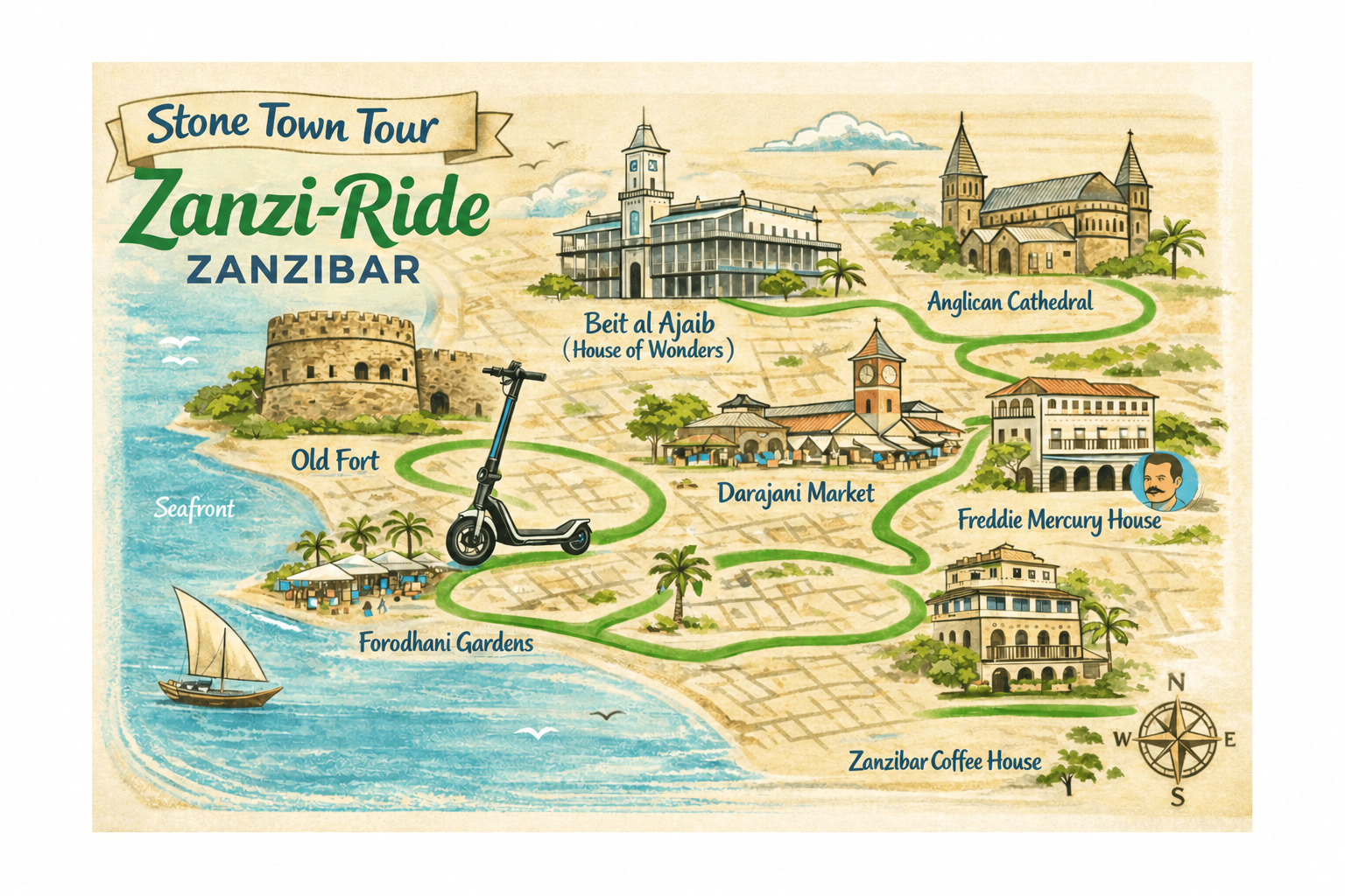 Stone Town Map - Zanziride Scooter Locations