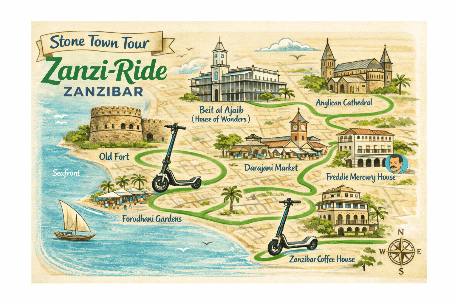 Stone Town Map - Zanziride Scooter Locations